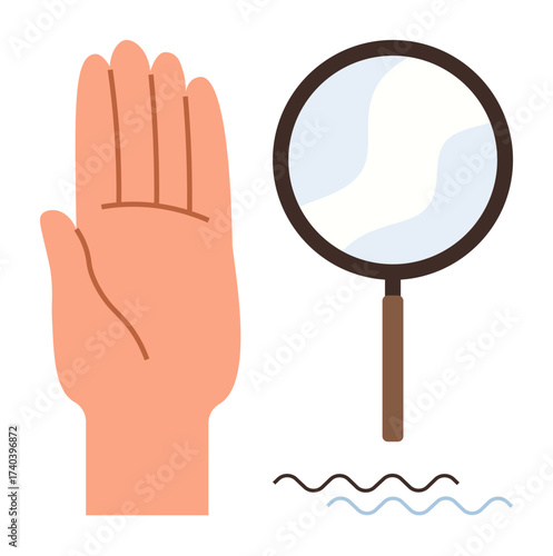 Open palm next to magnifying glass over lines, symbolizing examination, scrutiny, discovery, focus, observation, inspection, research. Ideal for learning problem-solving evaluation and discovery