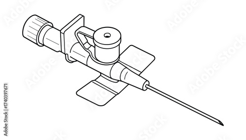 Line drawing of a medical intravenous catheter device isolated on a white surface.