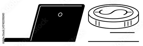 Laptop paired with a coin with dollar sign emphasizing digital payments, e-commerce, and financial transactions. Ideal for finance, e-commerce, technology, investment, digital economy, business
