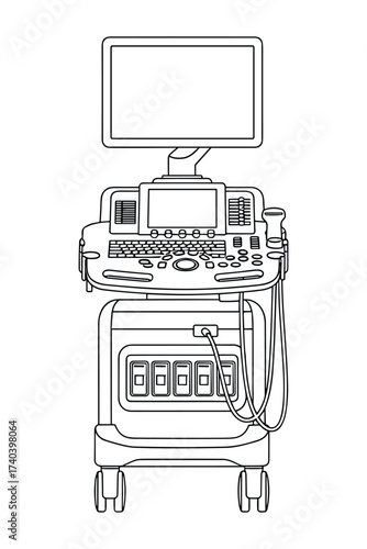 Detailed medical equipment drawing: Ultrasound imaging machine, vector illustration