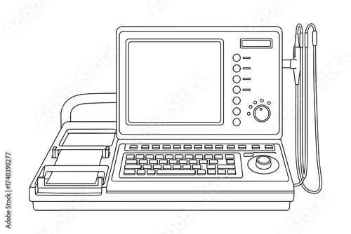 Detailed line drawing of a diagnostic ultrasound machine, medical technology tool.