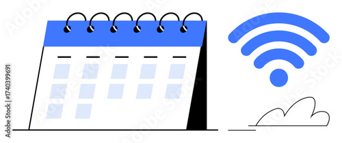 Calendar with spiral binding paired with a wireless signal and cloud, symbolizing online scheduling, remote work, time management. Ideal for business, productivity, collaboration, digital tools