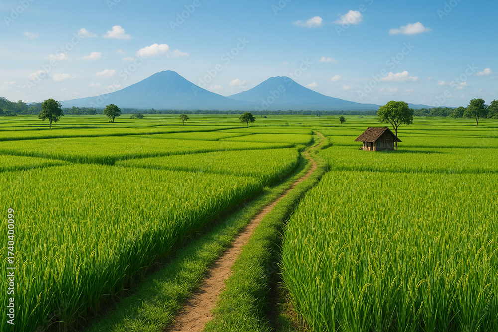 Obraz premium Scenic Green Rice Fields with Path, Hut, and Mountains Under Clear Sky