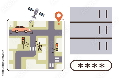 Smart city map demonstrating GPS tracking, car navigation, pedestrian motion, automated traffic lights, data encryption, and server storage. Ideal for smart technology, IoT, urban planning