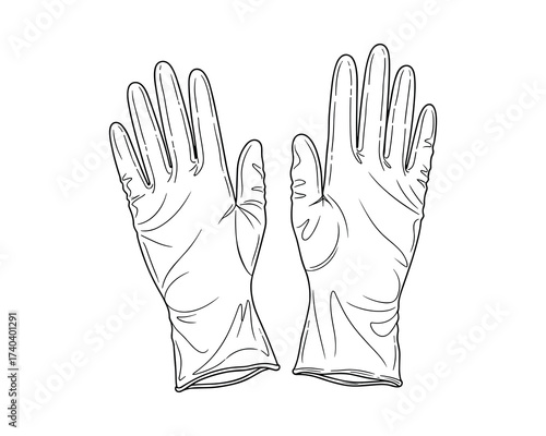 Detailed Line Drawing of Protective Gloves on a White Background for Hygiene Safety