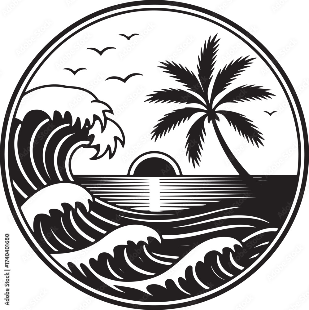 Obraz premium Sunset and coconut tree vector, coconut tree and sunset design.