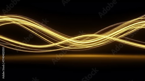 Golden Light Trails Flowing On Black Background Illustrating Digital Waves and Movement