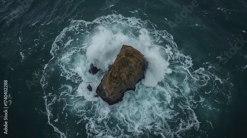Powerful ocean waves crash on rugged sea stack aerial view