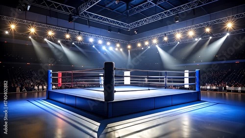 Empty Boxing Ring Under Bright Lights in a Large Arena with Blue and Red Accents