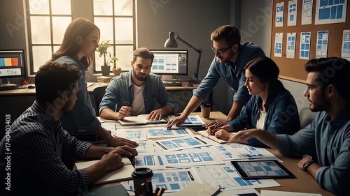 Collaborative Team Meeting Around A Table Discussing Project Designs with Blueprints and Digital Devices in Modern Bright Office