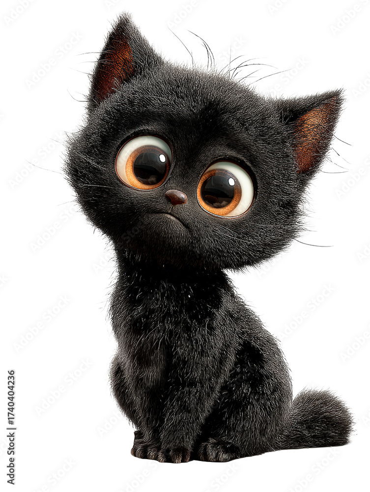 Fototapeta premium A charming fluffy black kitten with huge amber eyes, tilted head, isolated on transparent background
