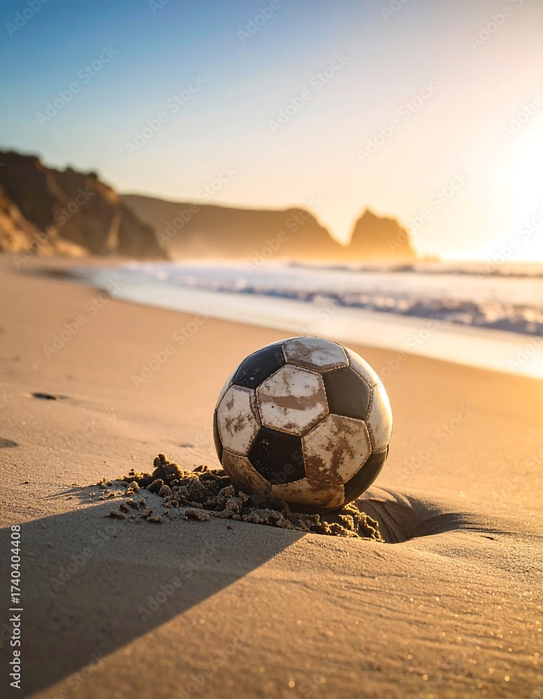 Obraz premium A soccer ball sits on a sandy beach with ocean waves and cliffs