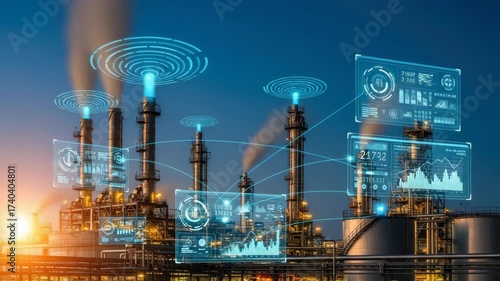 Industrial facility with smokestacks emitting smoke enhanced by glowing blue digital data displays charts and network connections illustrating smart factory operations and real-time monitoring
