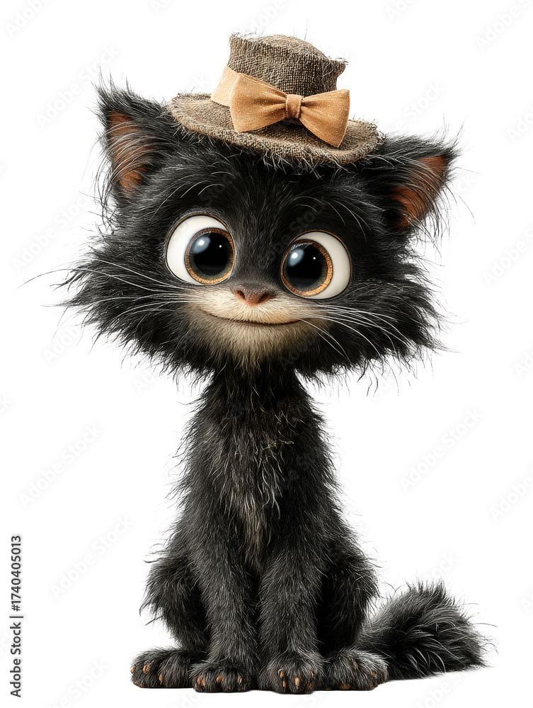 Fototapeta premium Hallowen a fluffy black cartoon cat wearing a small brown hat with a bow, isolated on transparent background