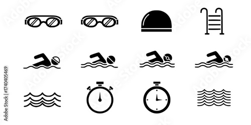 Minimalist Swimming Icons Vector Set: Swimmer, Goggles, Swim Cap, Pool Ladder, Stopwatch, and Water Waves. Flat Line Art Graphics Collection for Sports and Summer Design.

