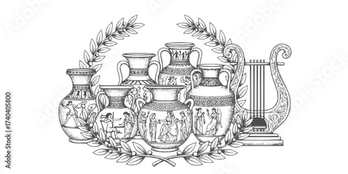 Classical Greek Elements Vector Collection: Detailed Engraving Style Vases, Laurel Wreath, Musical Lyre, Columns, and Mythology Motifs. Ancient History Illustration Set.


