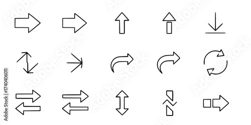Minimalist Arrow Icons Vector Set: Navigation, Workflow, Direction, Upload, Download, Scroll, and Progress Concepts. Simple Flat Line Art Graphics Collection.


