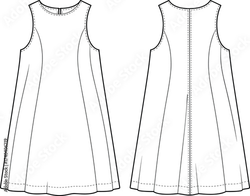 A-line dress flat sketch, sleeveless women dress with princess seams, back zipper, cad drawing, vector fashion technical illustration