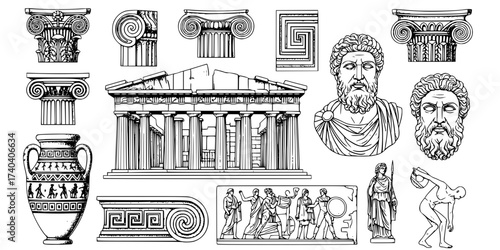 Ancient Greek Architecture & Art Engravings Vector Set: Vintage Columns, Temples, Sculptures, Vases, and Mythology Motifs. Historical Building & Culture Illustrations.

