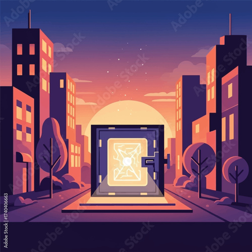 Cityscape with open vault door revealing a bright light at sunset.