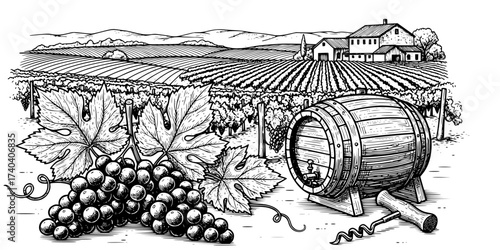 Vintage Winery Elements Vector Collection: Engraved Grapes, Wine Barrel, Corkscrew, Bottle, Glass, and Countryside Landscape. Retro Viticulture & Vineyard Art.

