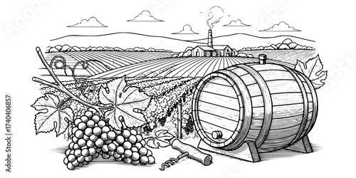 Vintage Winery Elements Vector Collection: Engraved Grapes, Wine Barrel, Corkscrew, Bottle, Glass, and Countryside Landscape. Retro Viticulture & Vineyard Art.

