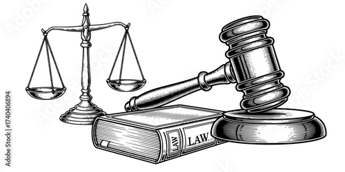 Vintage Legal Icons Vector Set: Engraved Gavel, Scales of Justice, Law Book, Courthouse, Scroll, and Quill Pen. Retro Justice & Attorney Graphics Collection.

