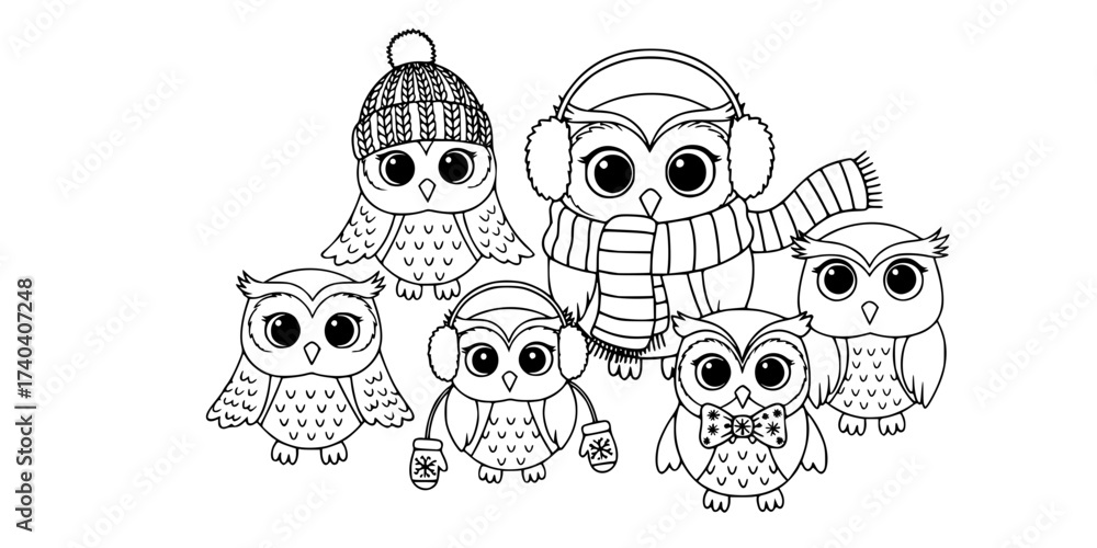 Fototapeta premium Cute Cartoon Owls Vector Set: Adorable Birds in Winter Accessories, Scarves, Hats, and Earmuffs. Cozy Animal Characters for Christmas and Holiday Design.