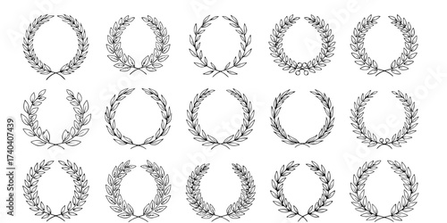 Classic Laurel Wreath Vector Collection: Simple Linear Design, Elegant Decorations, Victory, Award, Border Frames, and Dividers. Minimalist Line Art Graphics.

