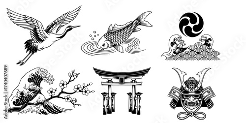 Elegant Traditional Japanese Symbols Vector Collection: Detailed Vintage Engraving Style Kimono, Fan, Cherry Blossom, Lantern, and Wave Motifs. Classic Asian Art Set.

