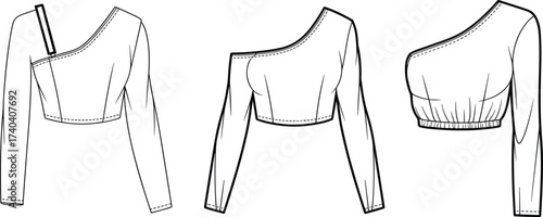 One shoulder crop top flat sketch, fashion cad vector design, women blouse technical drawing, long sleeve top, apparel template