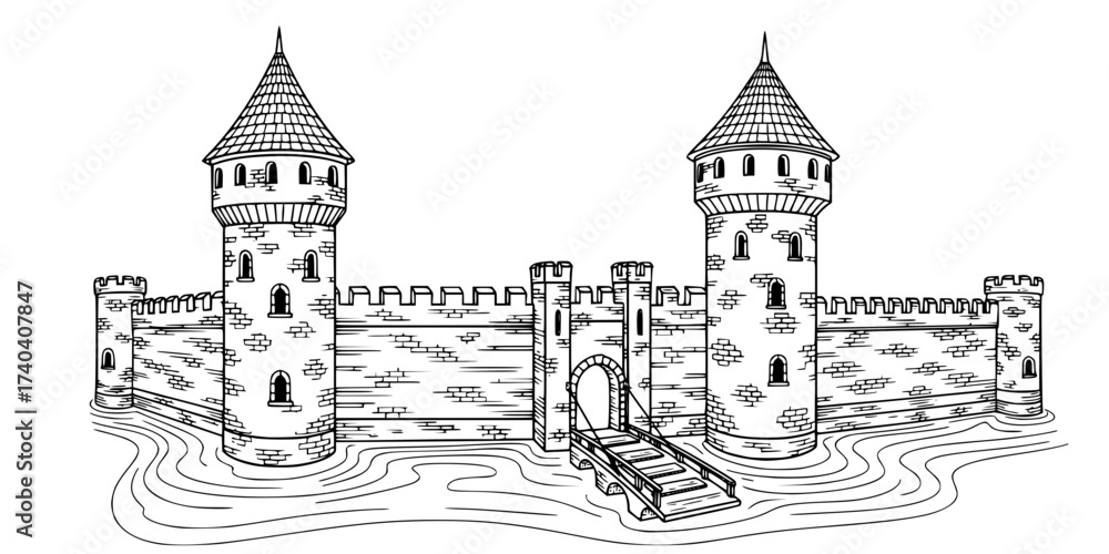 Naklejka premium Medieval Castle Elements Vector Set: Engraved Towers, Walls, Moat, Drawbridge, Gate, Flag, and Fortification. Vintage Architecture & Warfare Illustration.