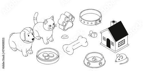 Isometric Pet Icons Vector Set: Dog, Cat, Paw, Bone, Collar, House, Bowl, and Mouse. 3D Graphic Elements Collection for Veterinarian, Animal Care, and Store Design.

