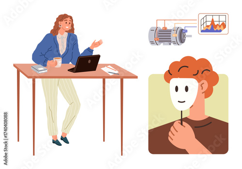 Woman working on laptop with notebook nearby, individual holding mask over face, motor illustration, and graph with fluctuating data. Ideal for identity, analysis, technology, energy, productivity