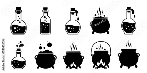 Silhouette Potion Bottles & Cauldrons Vector Icons Set: Magic, Spell, Witchcraft, Alchemy, Fantasy, and Wizardry Symbols. Mystical Graphics for Gaming & Halloween.

