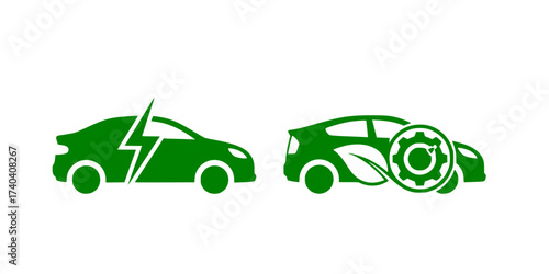 Eco-Friendly Car Vector Icon Set: Electric (EV) and Hybrid Symbols, Sustainable Transport, Charging, Green Energy, and Environment. Modern Flat Design Graphics.

