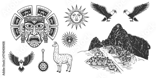 Traditional Peruvian Elements Vector Set: Inca Mask, Sun, Llama, Eagle, Machu Picchu, Alpaca, and Ancient Symbols. Retro South American Culture Illustration.

