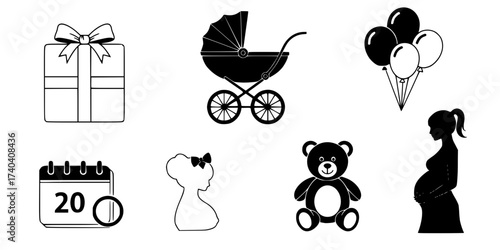 Baby Shower Vector Icons Set: Gift, Stroller, Balloons, Teddy Bear, Pregnant Woman, Calendar, and Announcement. Minimalist Line Art Graphics for Expecting Parents.

