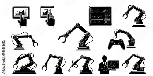 Robotics & Automation Technology Vector Icons Set: Robot Arm, Human Interface, AI, Machine Learning, Industry 4.0, and Smart Factory. Modern Engineering Graphics.

