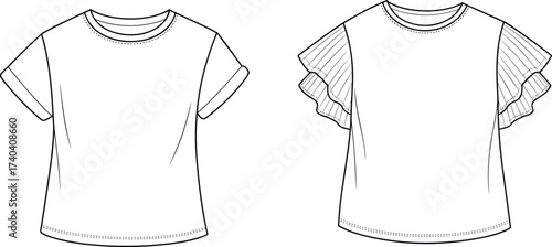 Fashion CAD drawing, flat vector illustration of women t-shirt with rolled sleeve and ruffle sleeve design, apparel template, front technical sketch