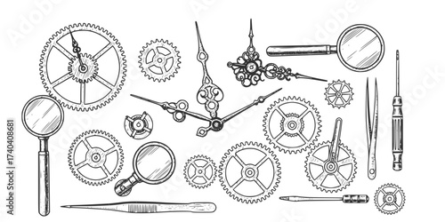 Vintage Clockwork Elements Vector Set: Engraved Gears, Clock Hands, Tools, Springs, Dials, and Machinery. Retro Steampunk & Time Illustration Collection.

