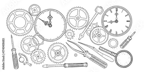 Vintage Clockwork Elements Vector Set: Engraved Gears, Clock Hands, Tools, Springs, Dials, and Machinery. Retro Steampunk & Time Illustration Collection.

