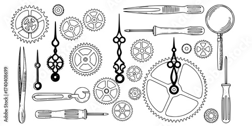 Vintage Clockwork Elements Vector Set: Engraved Gears, Clock Hands, Tools, Springs, Dials, and Machinery. Retro Steampunk & Time Illustration Collection.

