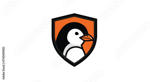 A cartoon penguin's head with an orange beak is depicted inside a black-bordered orange shield on a white background.