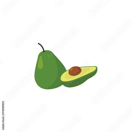 Illustration of a whole green avocado and a halved avocado with the pit visible, isolated on a white background.