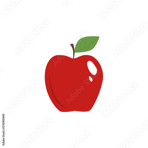 Red apple sits on a white surface, showcasing its vibrant color and smooth skin in a simple, clean presentation.