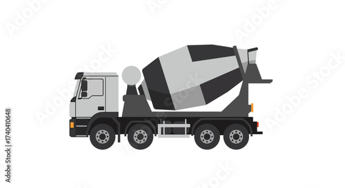 Gray Concrete Mixer Truck with Rotating Drum and Black Chassis.