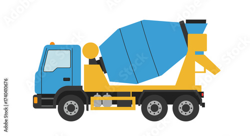 Blue and Yellow Concrete Mixer Truck Illustration.