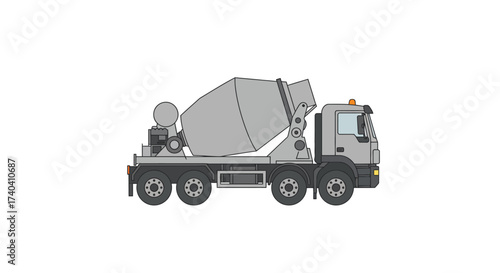 Gray Concrete Mixer Truck with Rotating Drum and Six Wheels.
