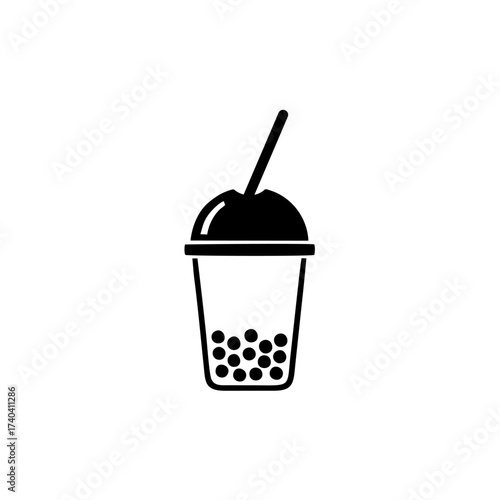 Black and white vector illustration of a bubble tea drink with tapioca pearls and a straw in a clear plastic cup with a dome lid.